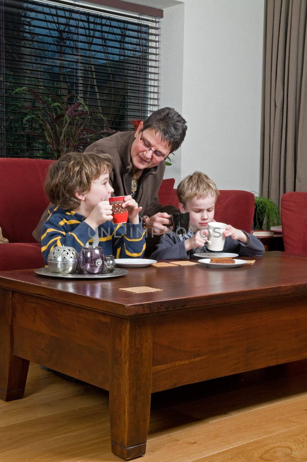 Family with two brothers and grandma in a livingroom