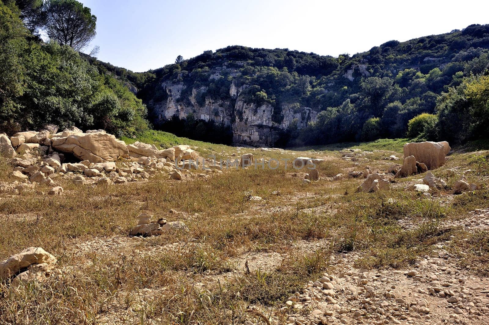 The bed of the river Gardon completely dry during the summer in the French department of Gard in the south-east