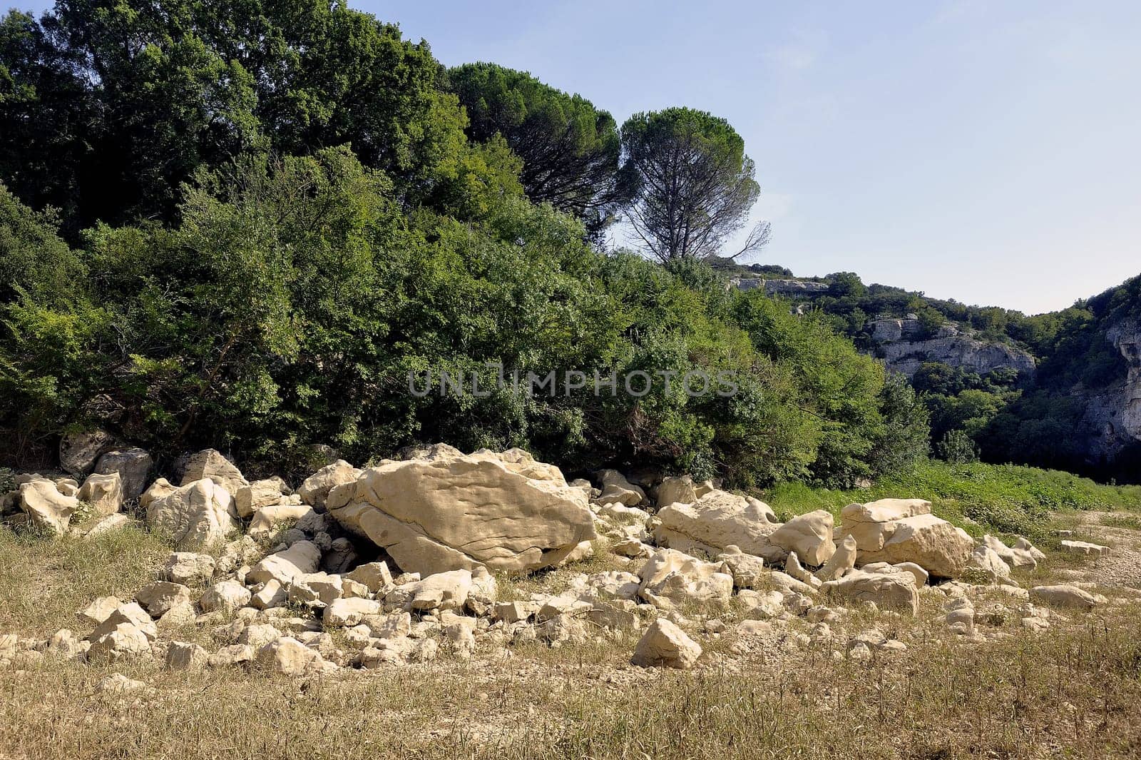 The bed of the river Gardon completely dry during the summer in the French department of Gard in the south-east