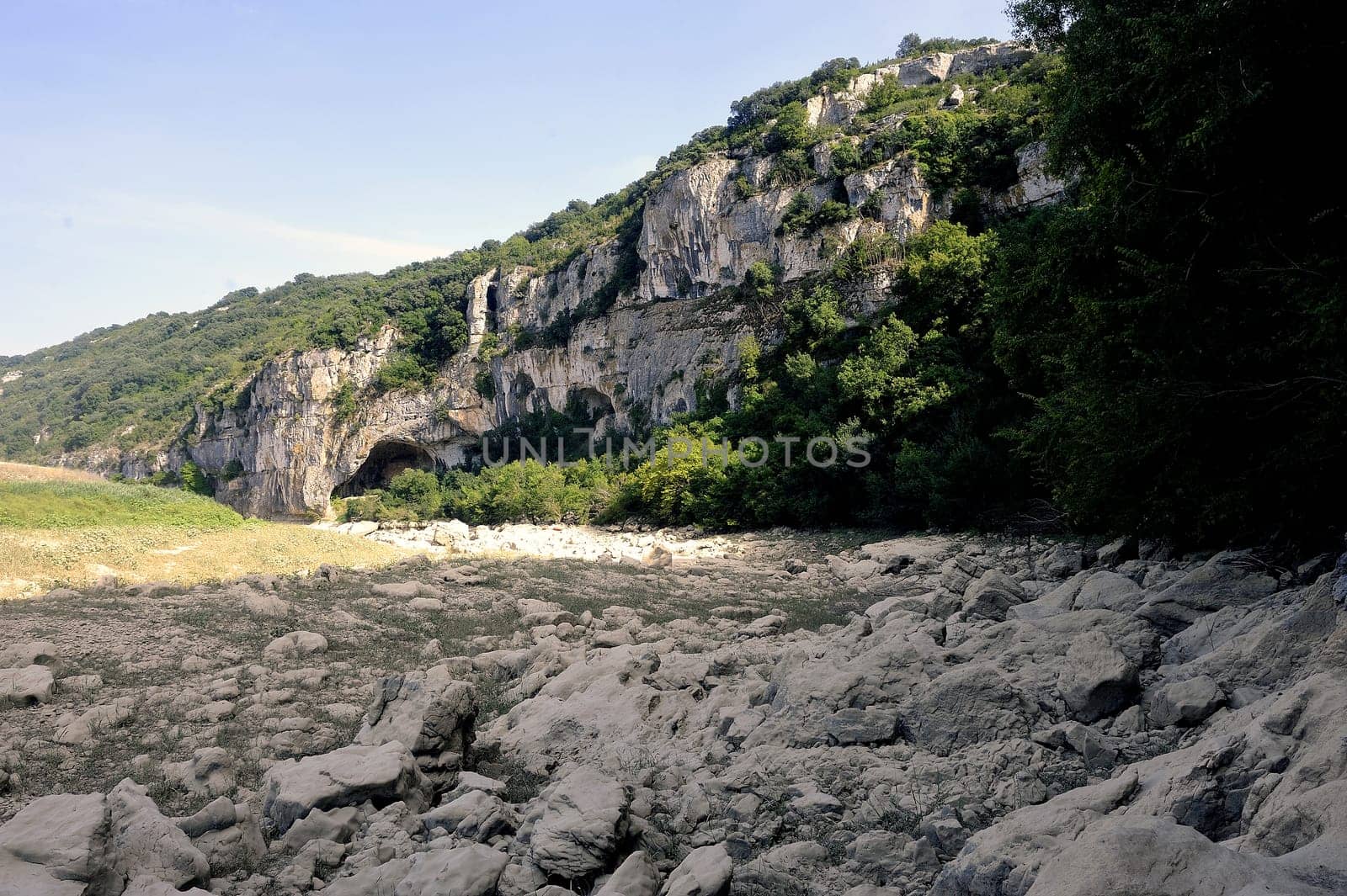 The bed of the river Gardon completely dry during the summer in the French department of Gard in the south-east