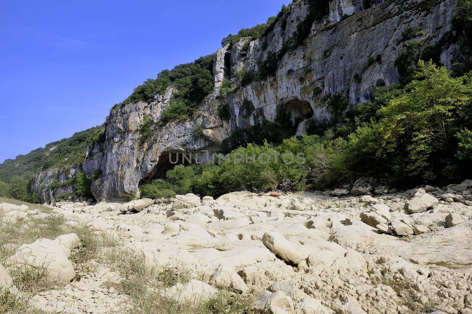 The bed of the river Gardon completely dry during the summer in the French department of Gard in the south-east