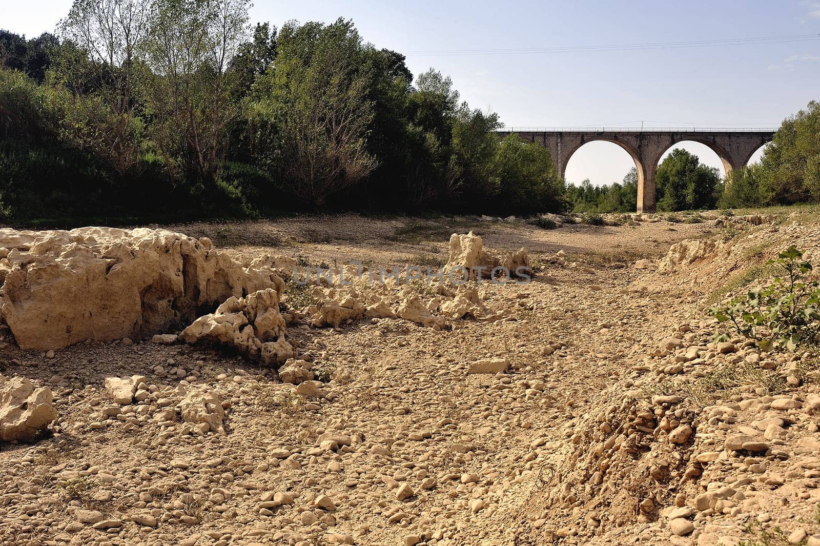 The bed of the river Gardon completely dry during the summer in the French department of Gard in the south-east