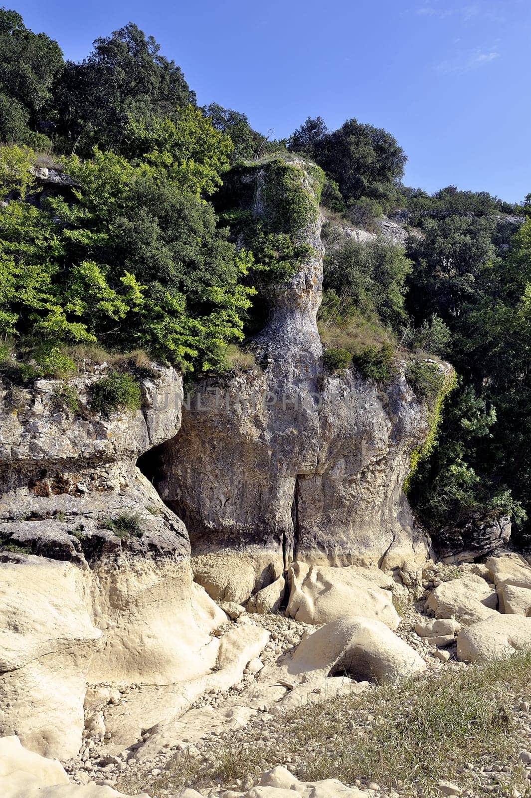 The bed of the river Gardon completely dry during the summer in the French department of Gard in the south-east