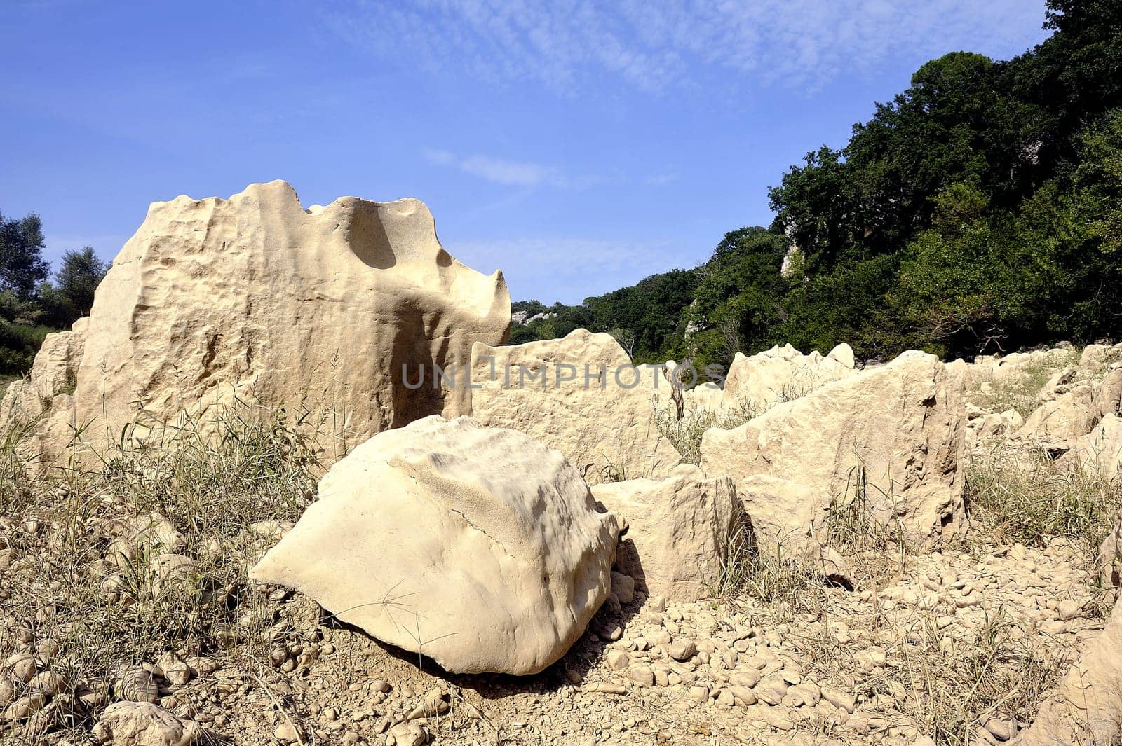 The bed of the river Gardon completely dry during the summer in the French department of Gard in the south-east