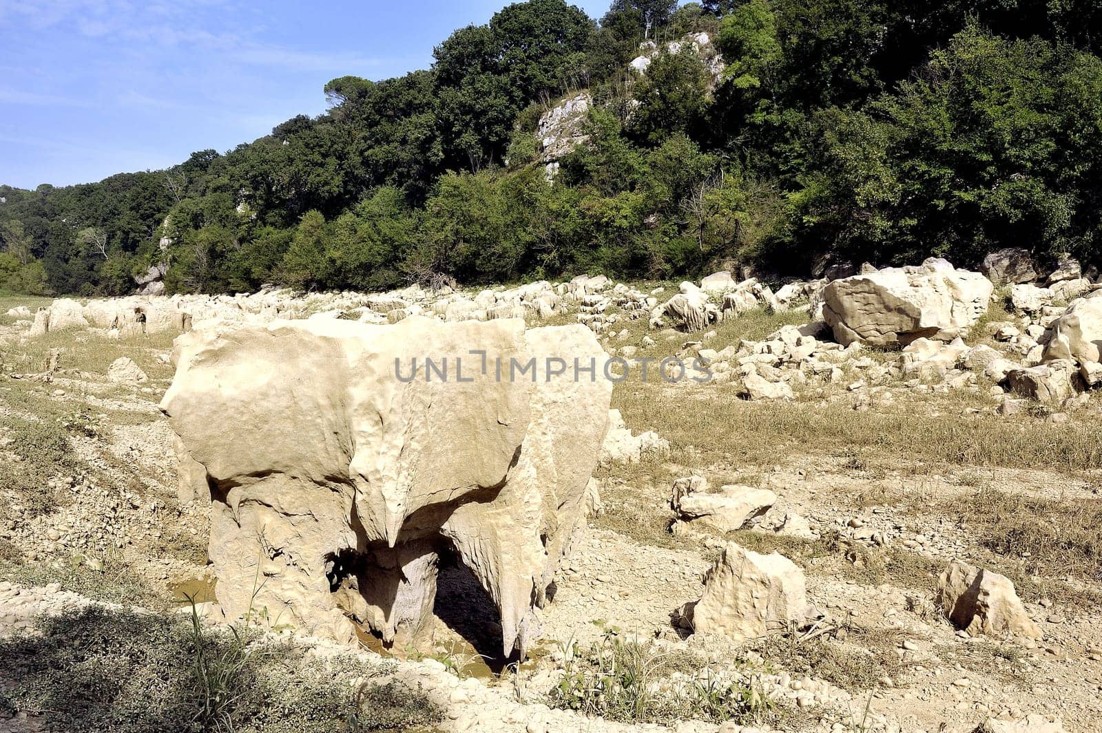 The bed of the river Gardon completely dry during the summer in the French department of Gard in the south-east