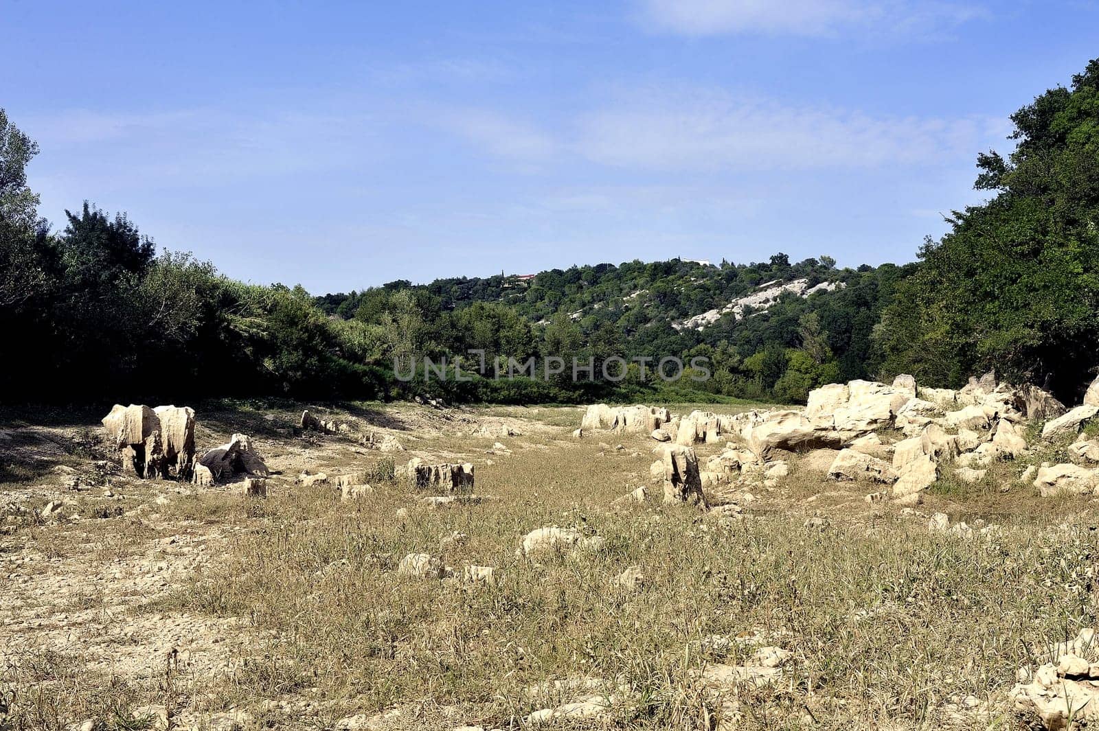 The bed of the river Gardon completely dry during the summer in the French department of Gard in the south-east