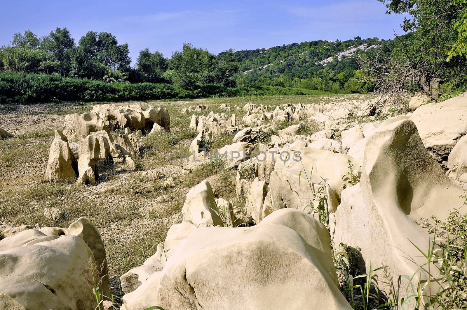 The bed of the river Gardon completely dry during the summer in the French department of Gard in the south-east