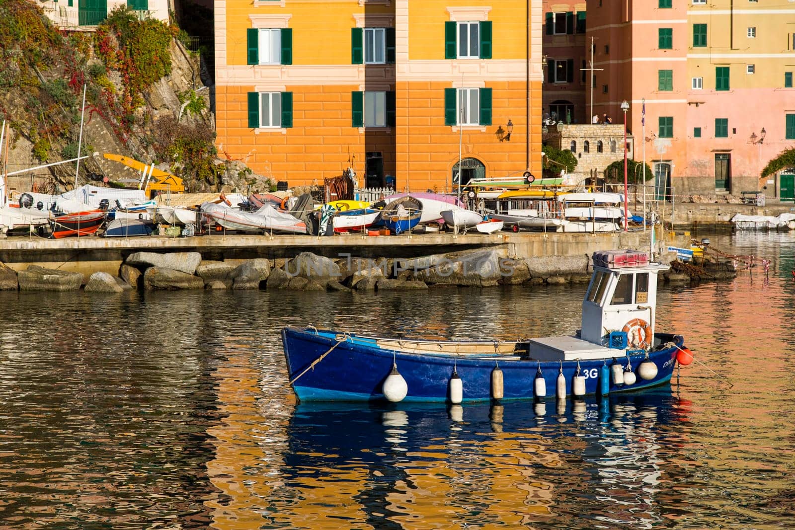View of a fishing boat in a harbor of a seaside town