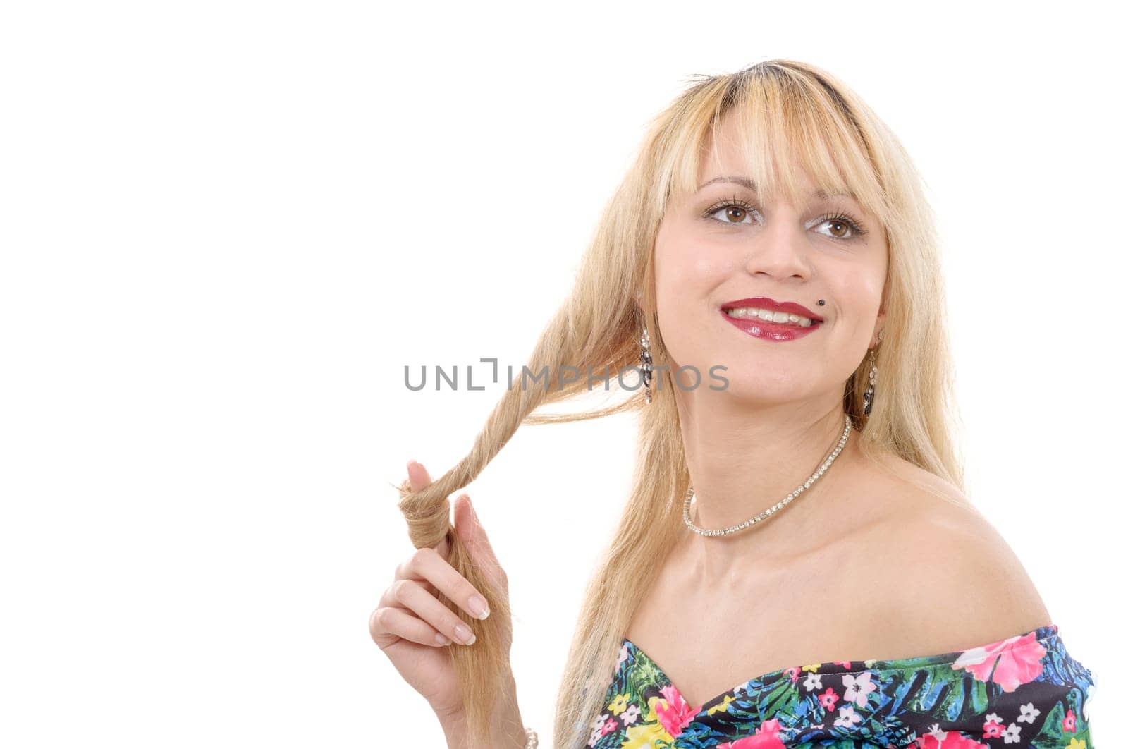 a portrait of pretty young woman with blond hair, on white