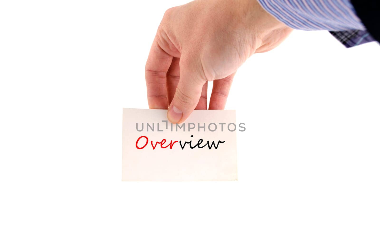 Human hand writing Overview isolated over white background - business concept