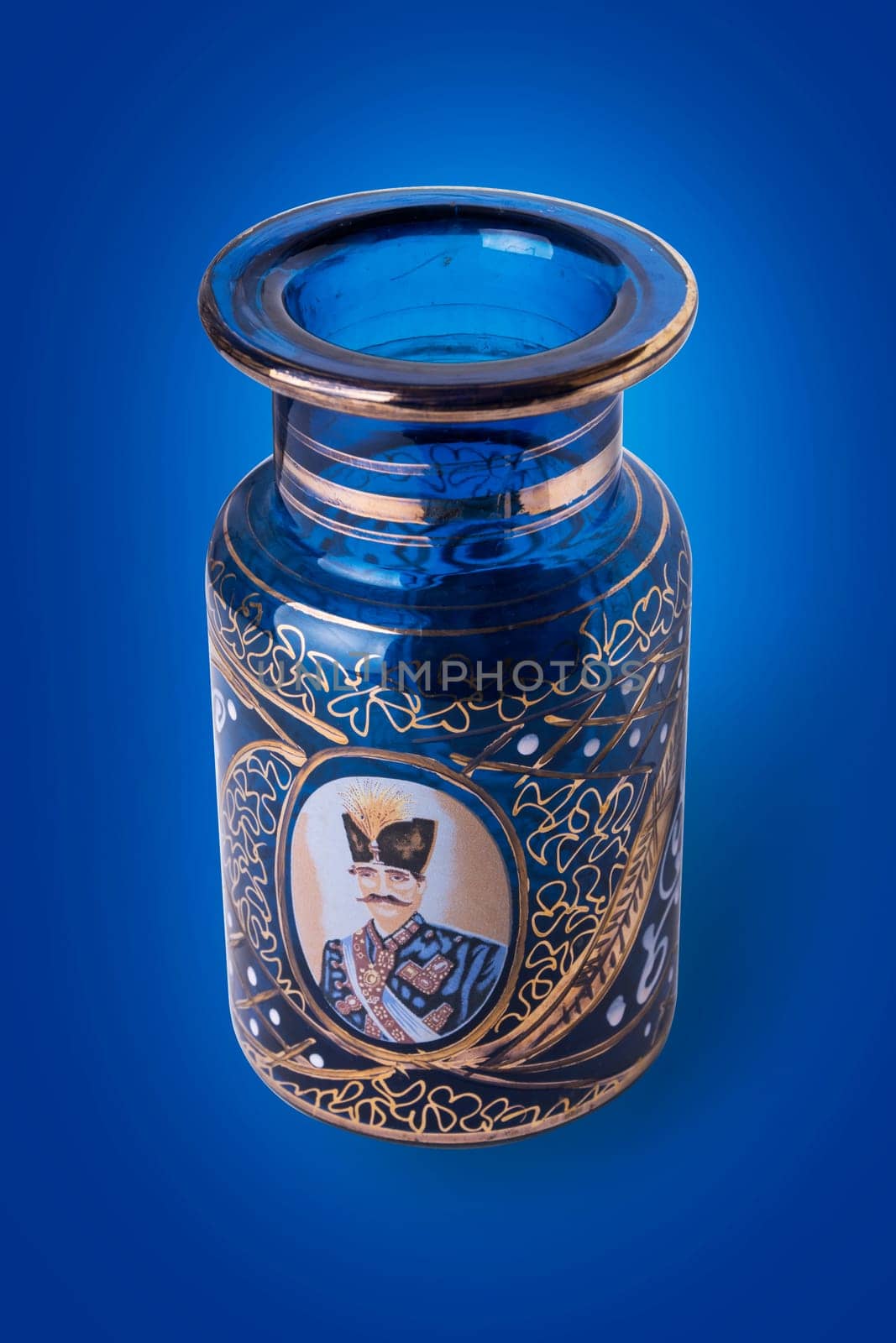 Iranian Antique Jar Illustrated By Shah Portraiture, Created in Isfahan Iran on Blue Background, Clipping Path Included.