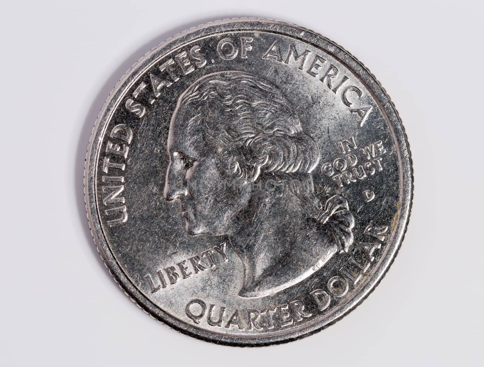 US Quarter Dollar close up on white background.