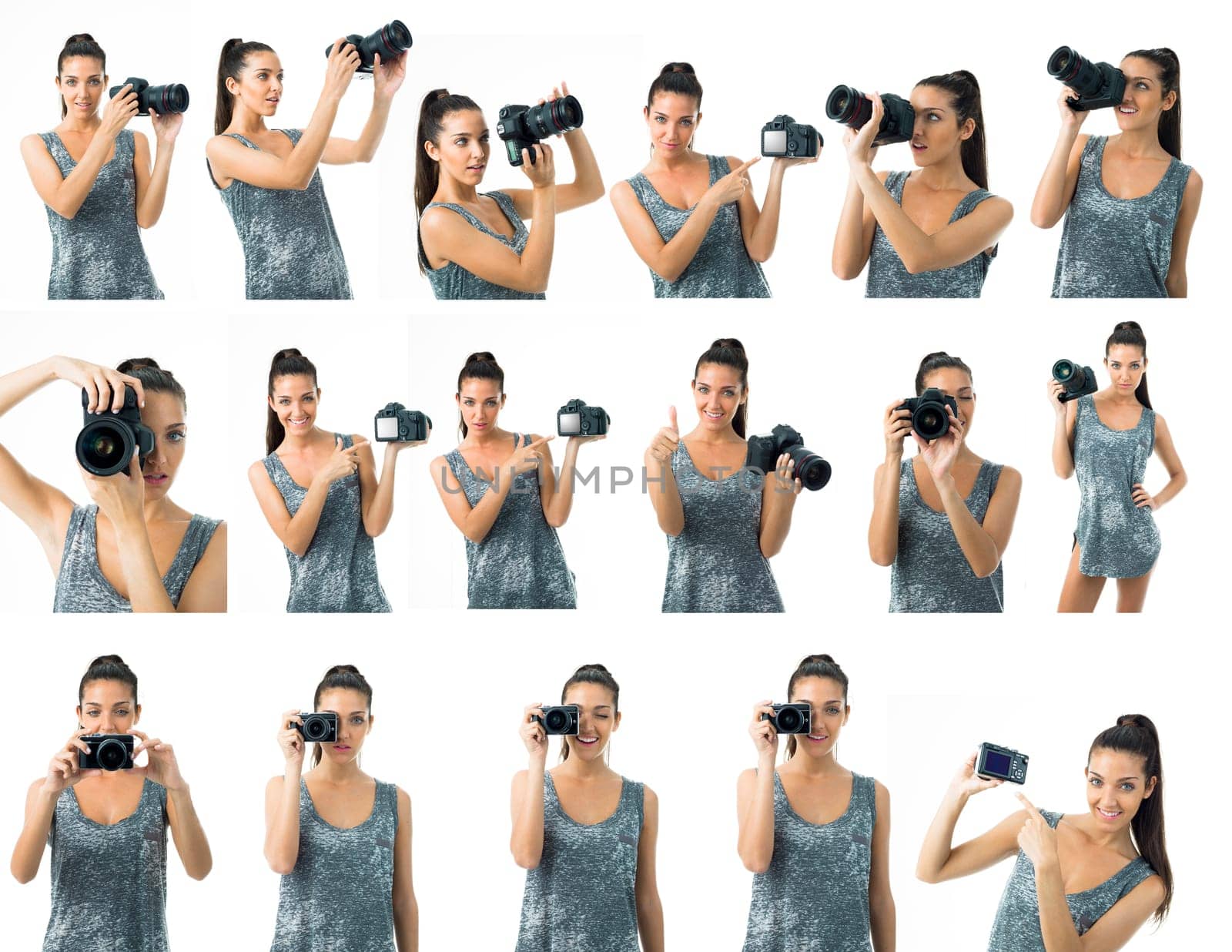 different expresions for a young beautiful woman photographer with a camera