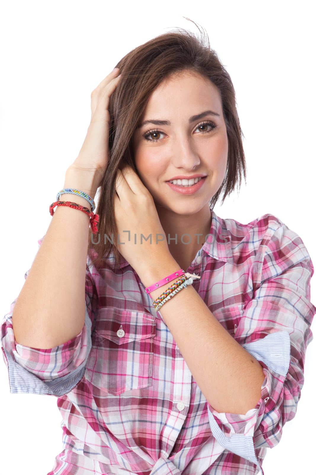 attractive young woman posing in white background