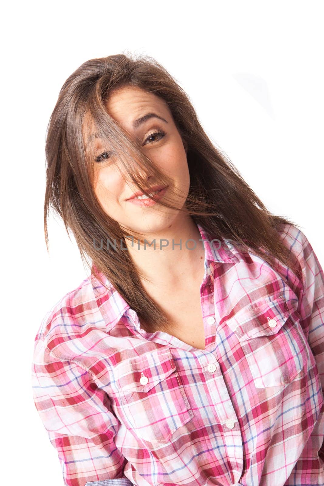 attractive young woman posing in white background