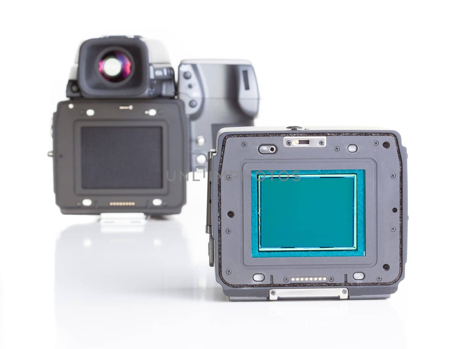close up of a professional medium format camera and digital back