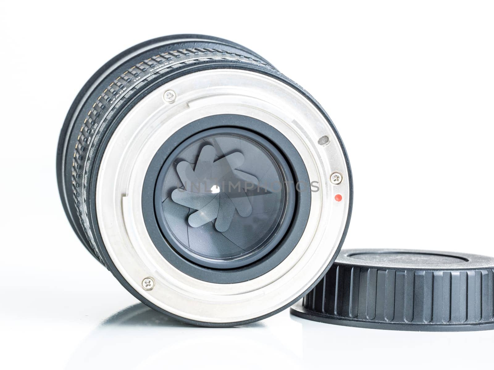 proffesional photography lens close up over white background
