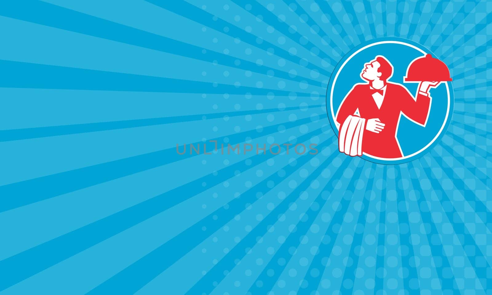 Business card showing illustration of a butler waiter serving food in a platter looking to the side viewed from front set inside circle on isolated background done in retro style.