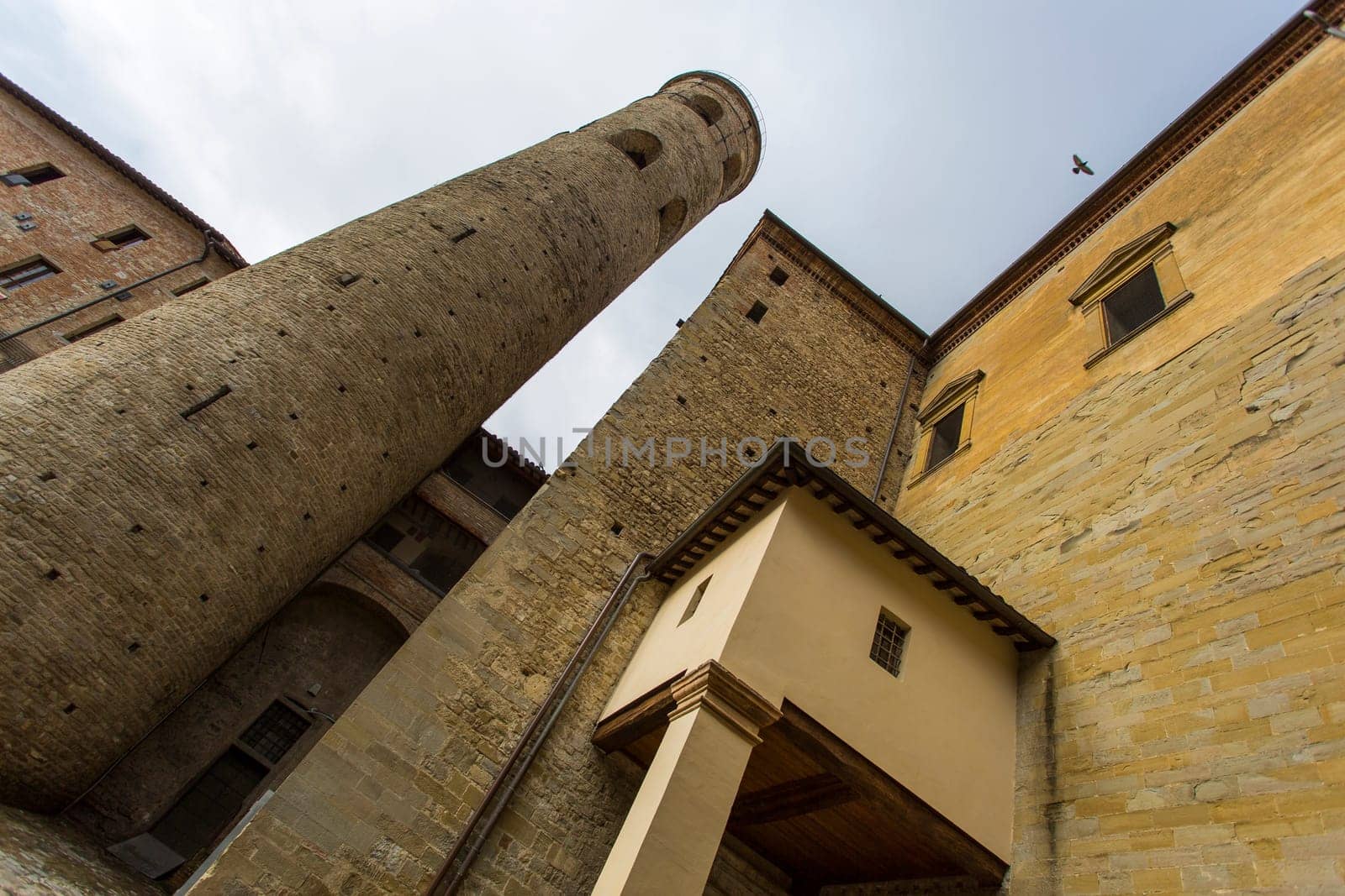 View from below using a wide angle lens of an ancient tower