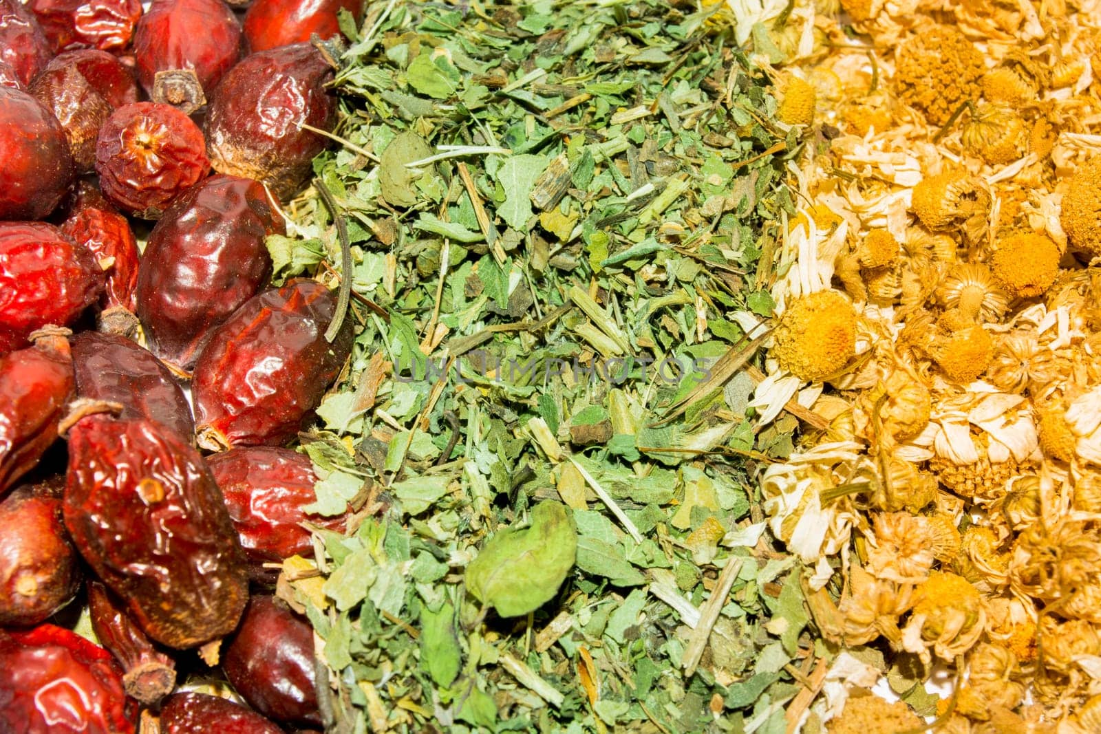 Mixed tea herbs. Rosehip, mint and daisy
