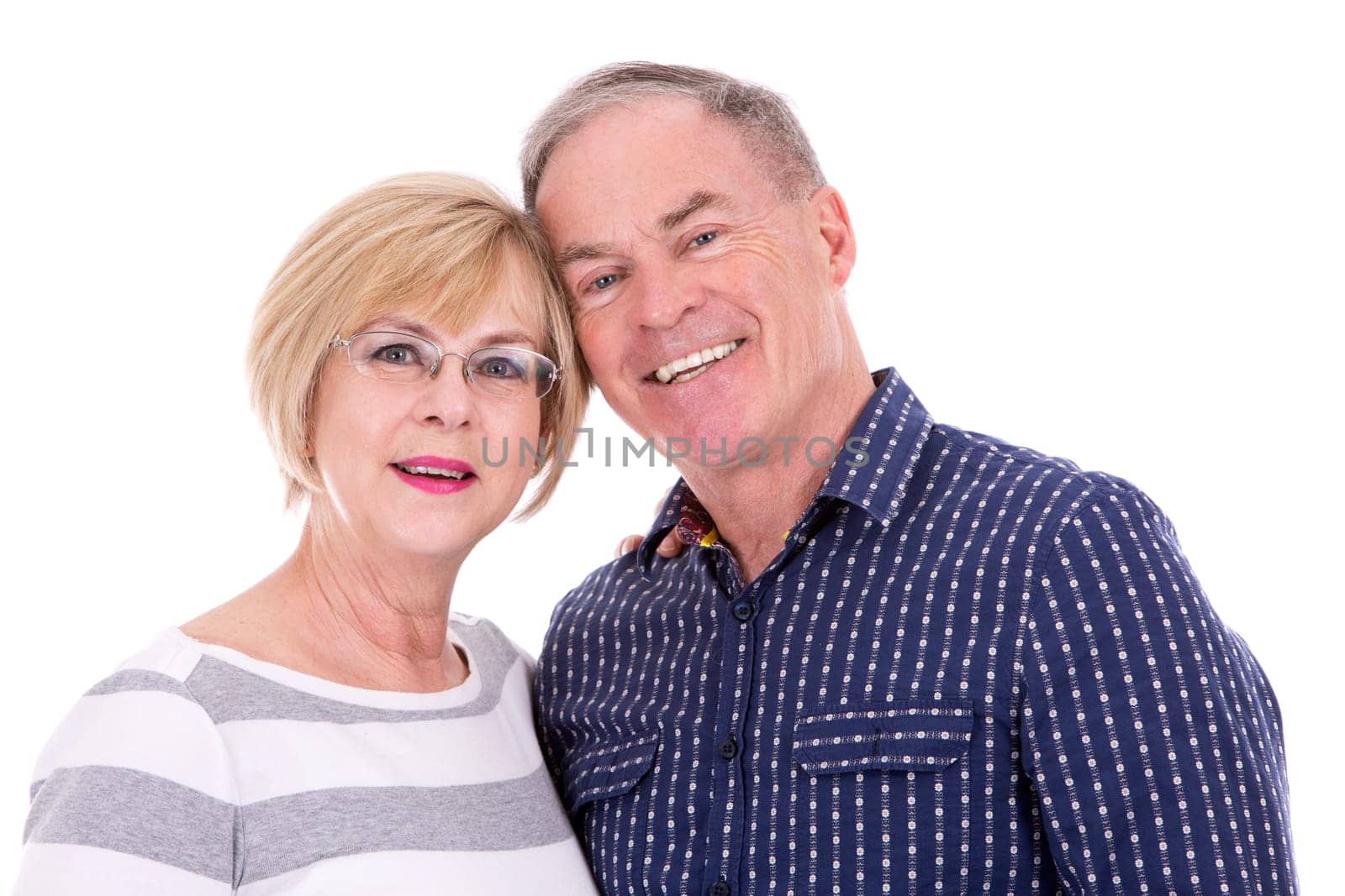 retired couple wearing casual outfits on white isolated background