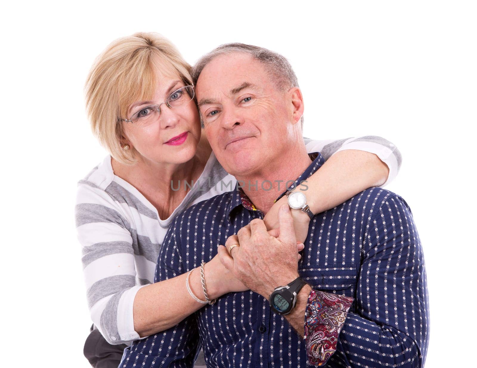 retired couple wearing casual outfits on white isolated background
