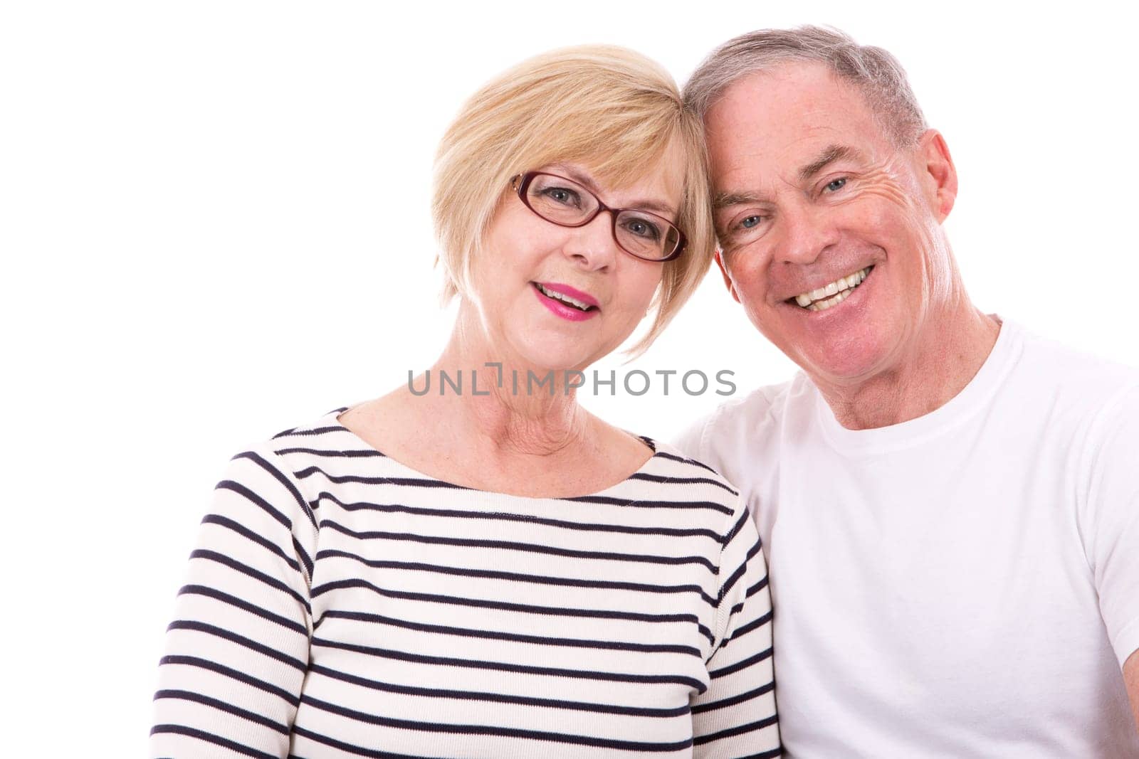 retired couple wearing summer outfits on white isolated background