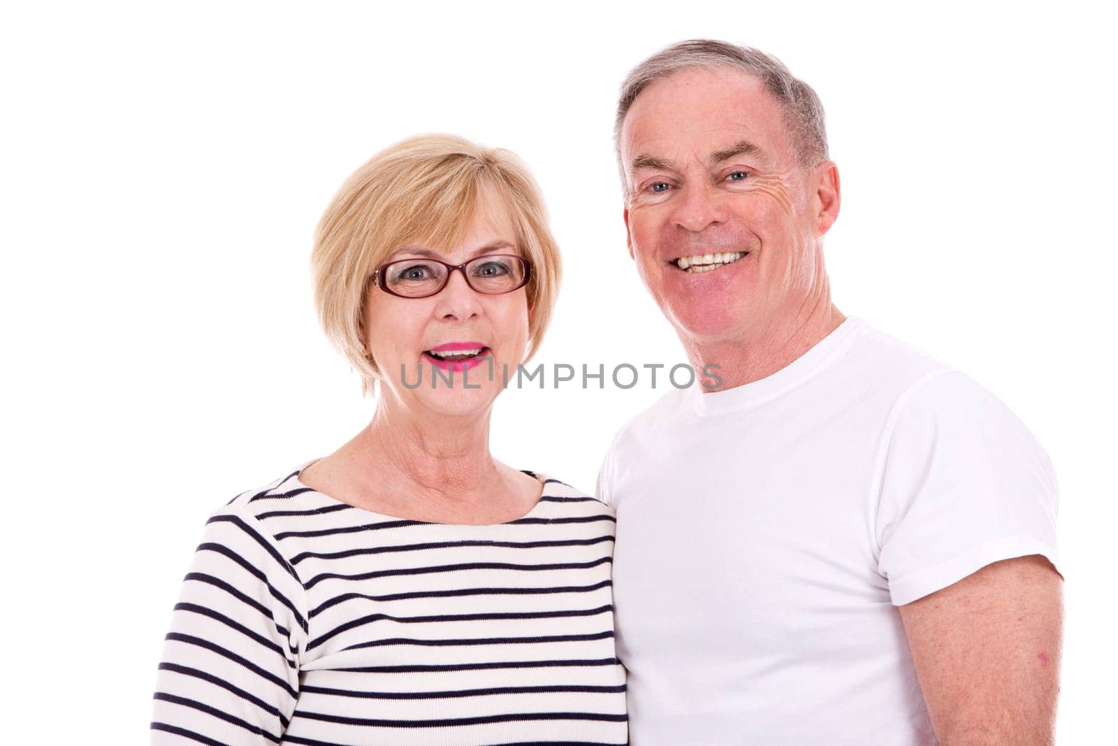 retired couple wearing summer outfits on white isolated background