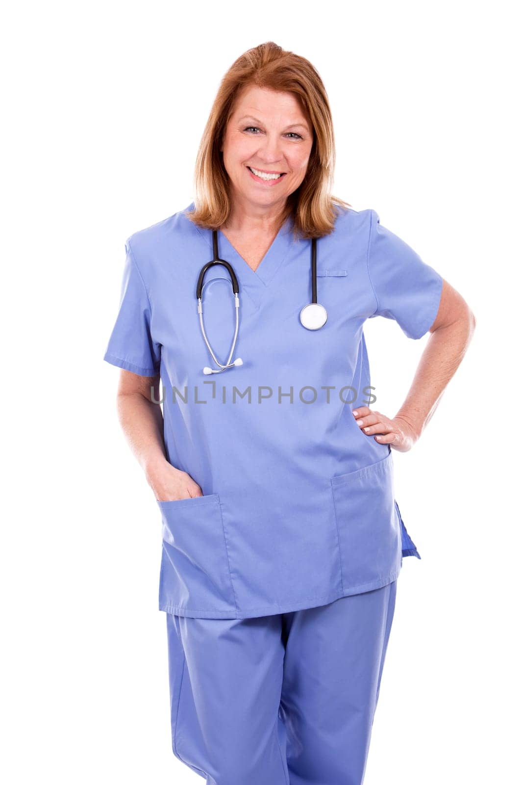 female caucasian doctor posing on white isolated background