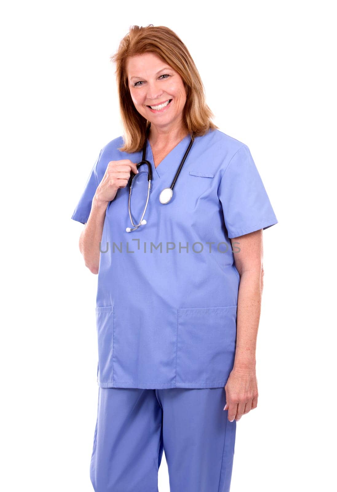 female caucasian doctor posing on white isolated background