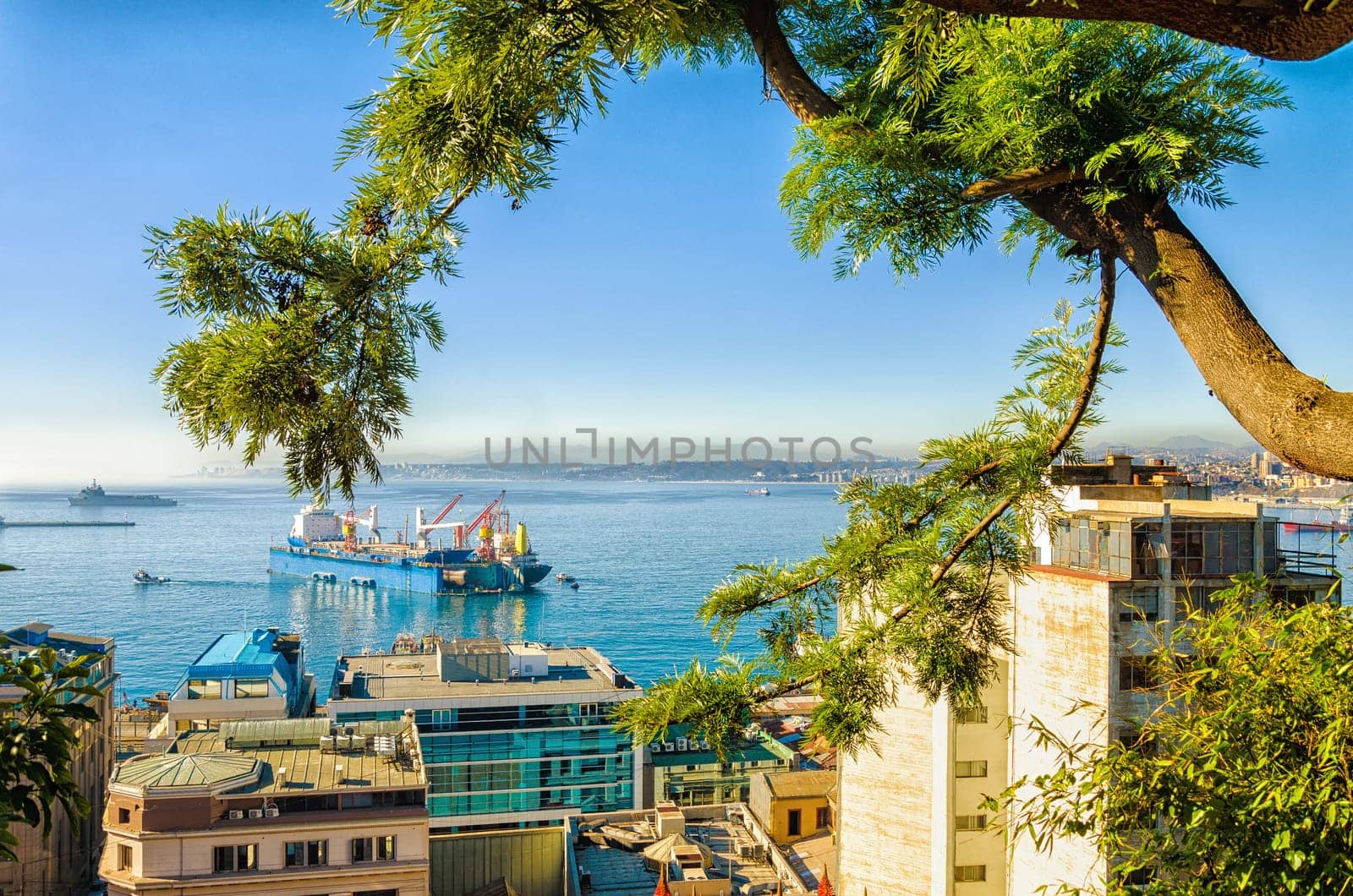 View of Valparaiso and the bay with Vina del Mar visible in the distance in Chile