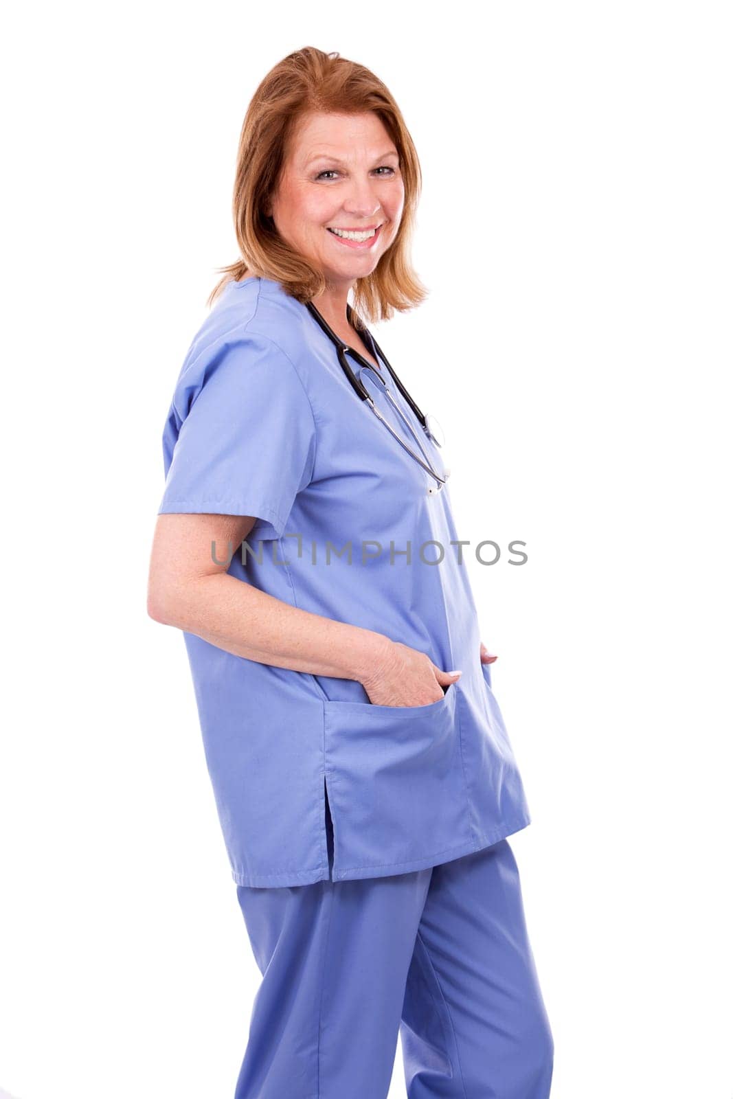 female caucasian doctor posing on white isolated background