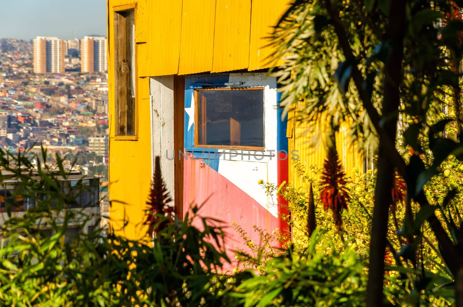 View of a funicular cable car at the top of a hill in Valparaiso, Chile