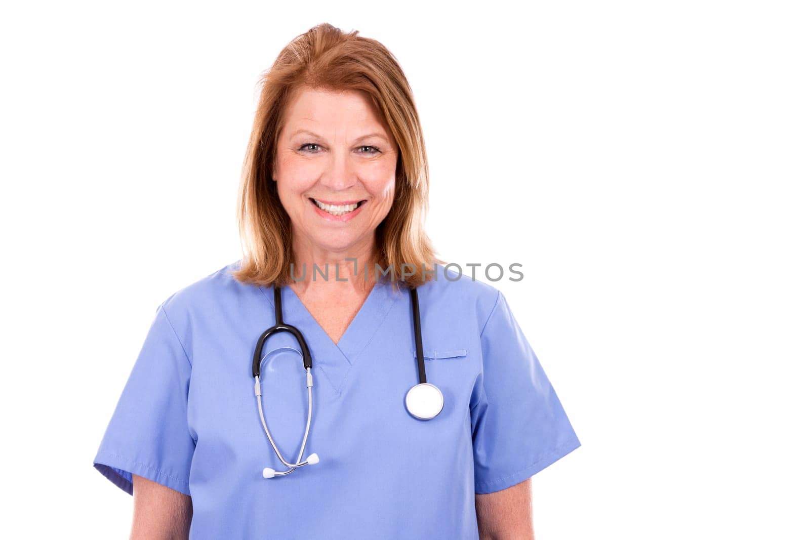 female caucasian doctor posing on white isolated background