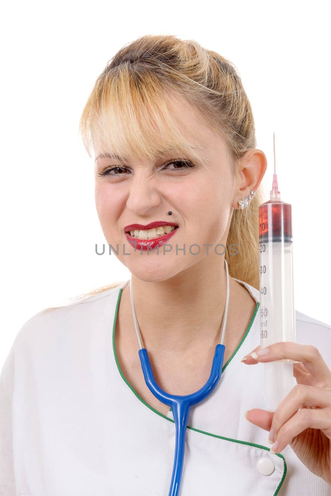 an angry crazy blond doctor with a syringe, isolated on white background