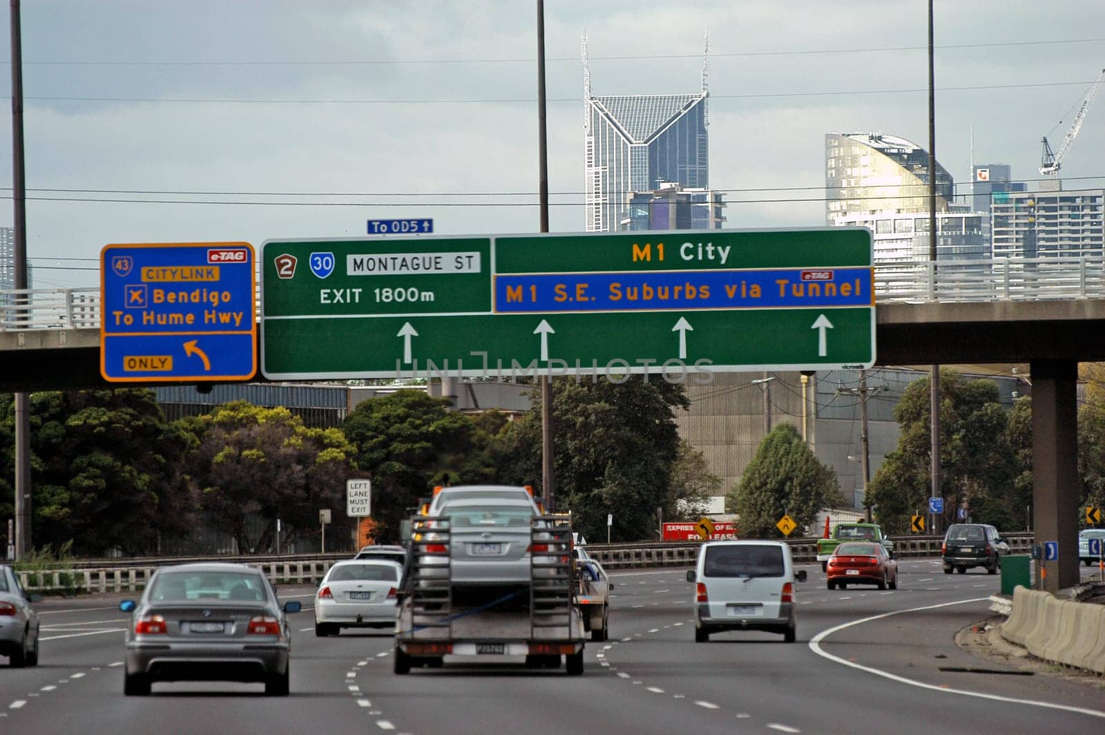 Melbourne panorama view from a car in the fast lane