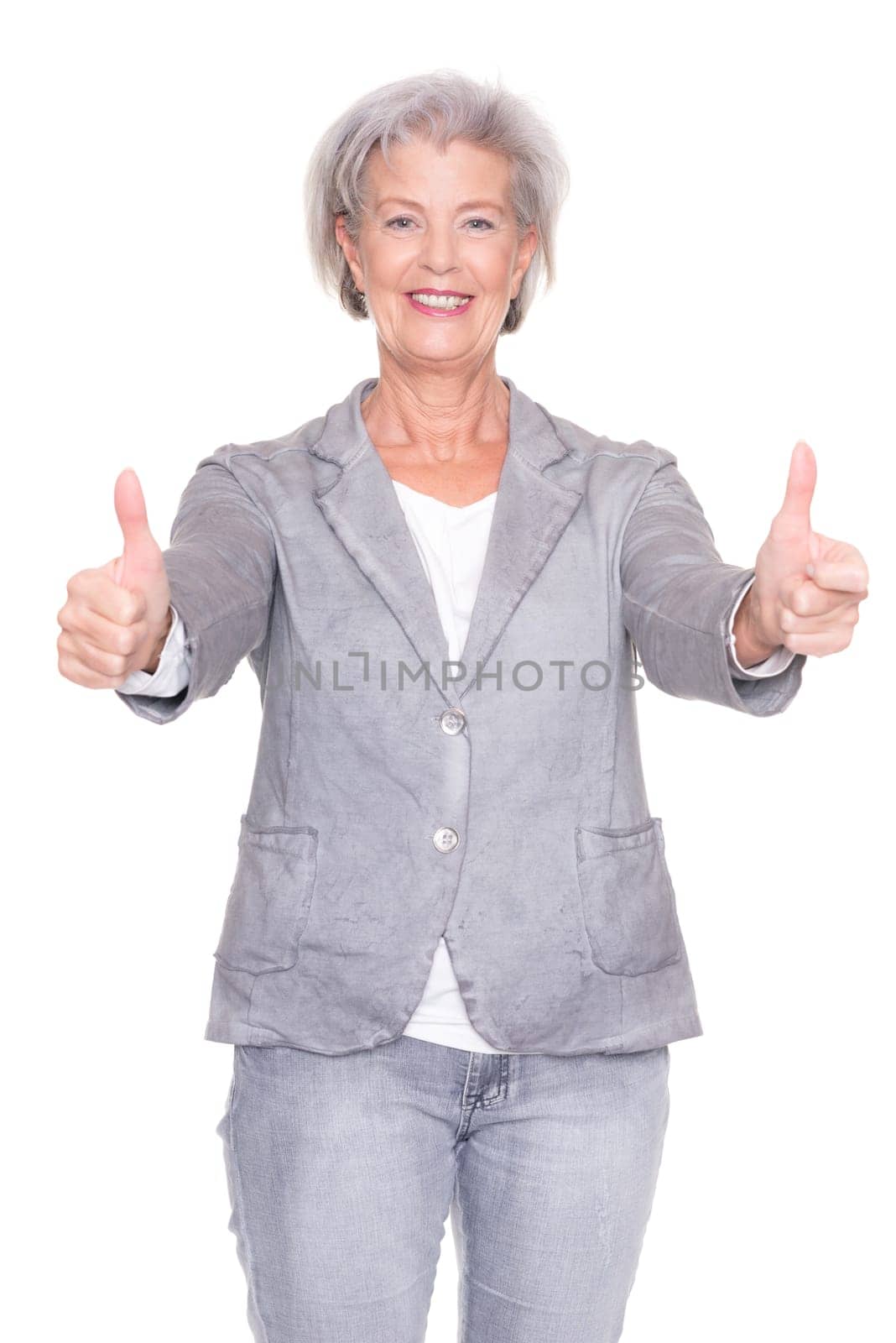 Studio recording of a smiling senior woman against a white background