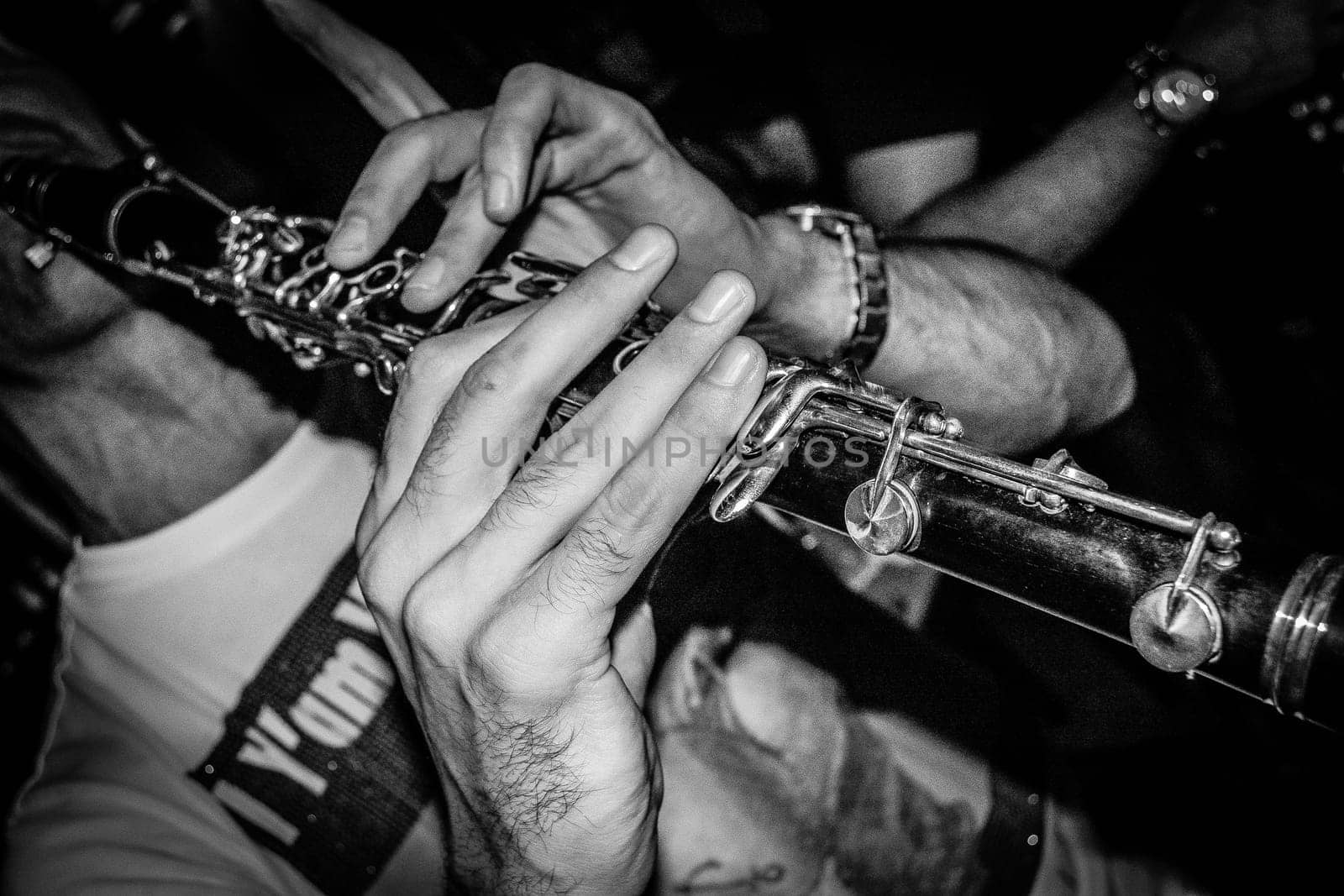 Closeup of clarinet player hands
