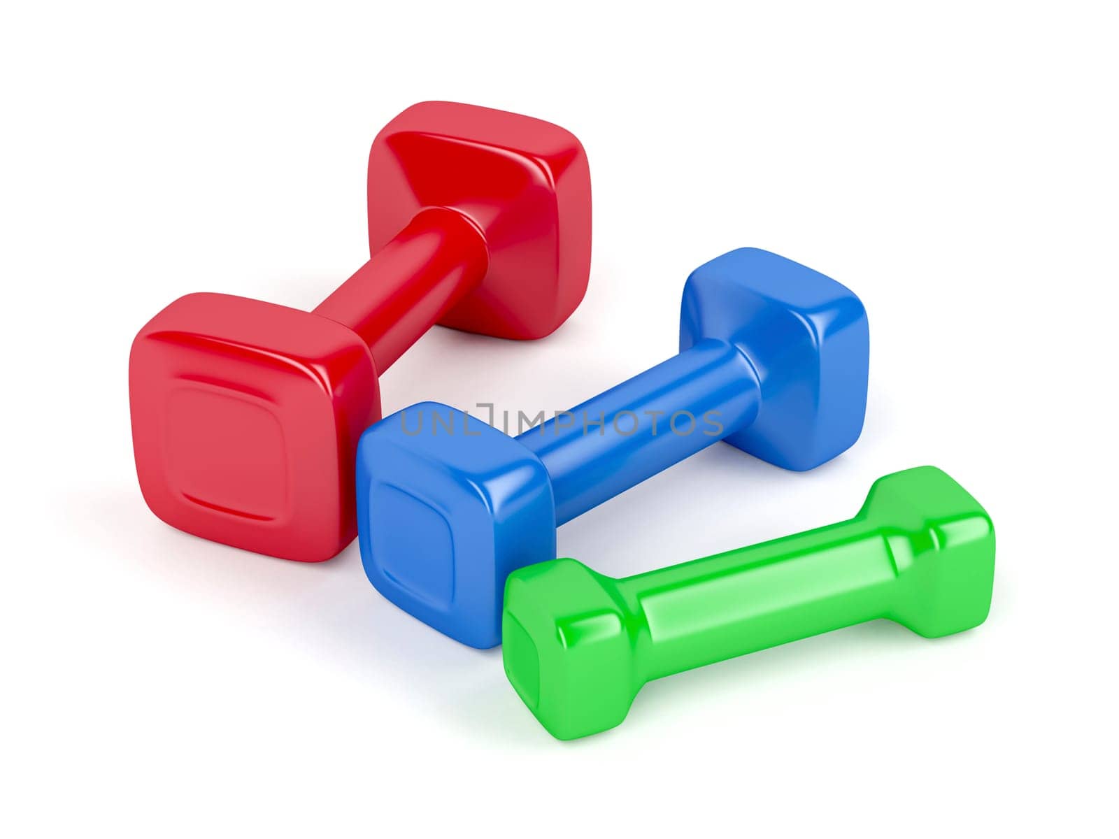 Three dumbbells with different sizes and colors on white background