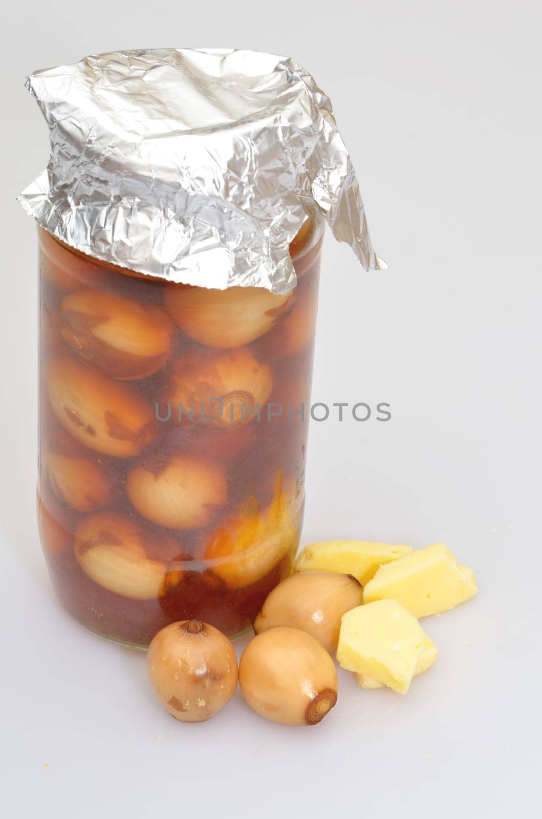 jar of home made pickled onions and cheese