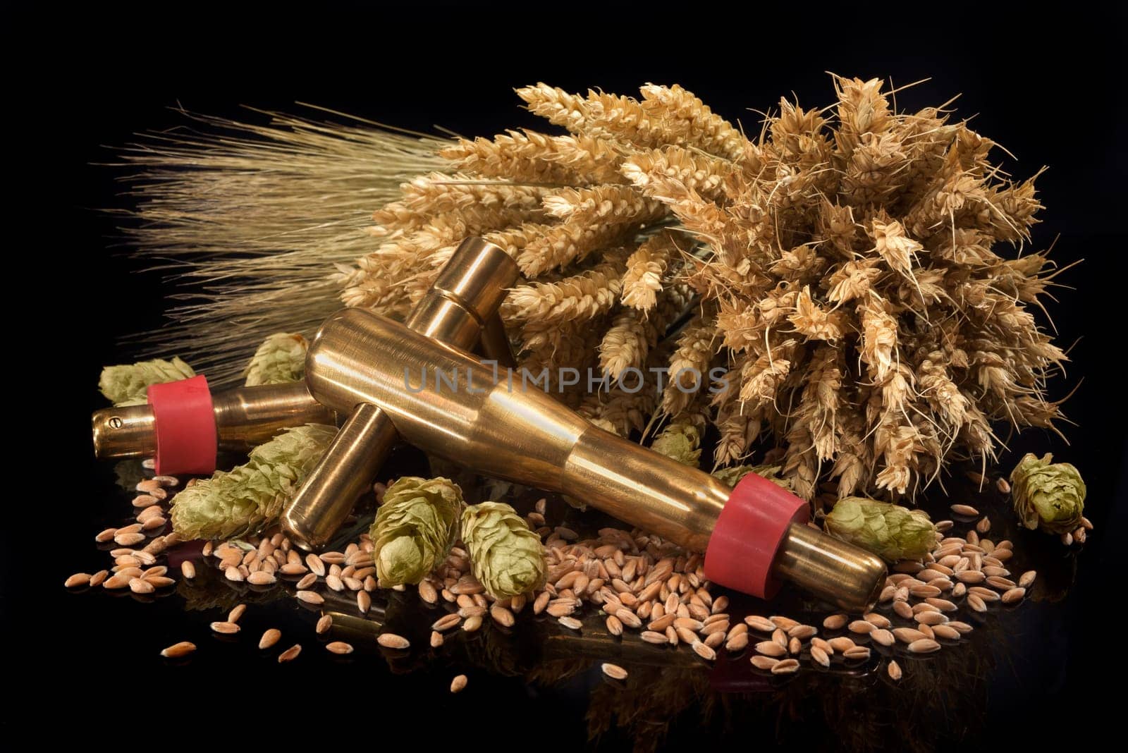 Beer tap with wheat,barley,hops and malt insulated on black