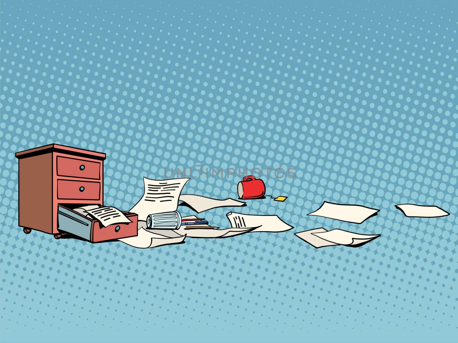 Office furniture and documents business background pop art retro style. Office after the party. The office on Friday. Vector business office retro