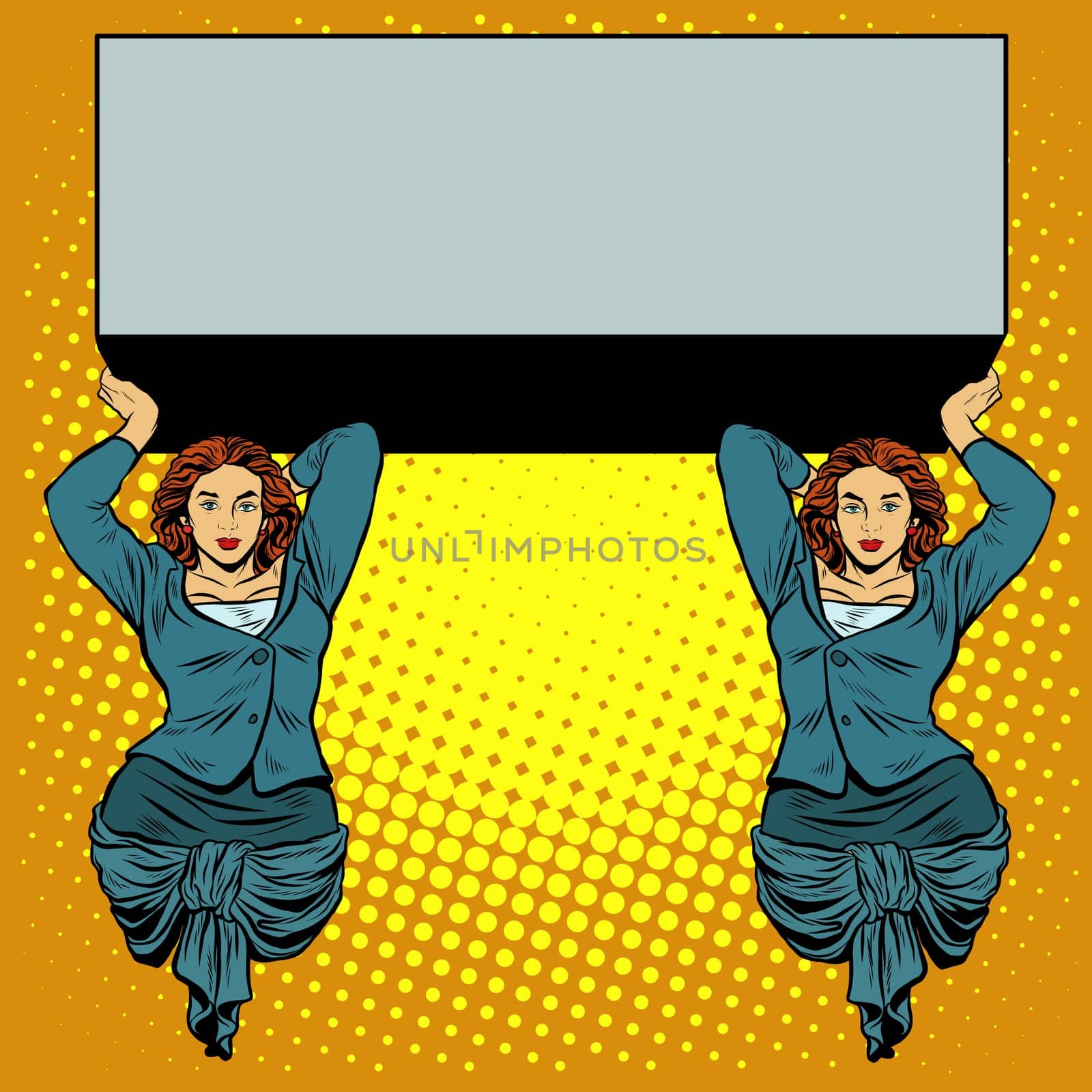 Businesswoman holding the caryatids balcony or a billboard pop art retro style. Ancient Greek myth. Vector illustration of strong women