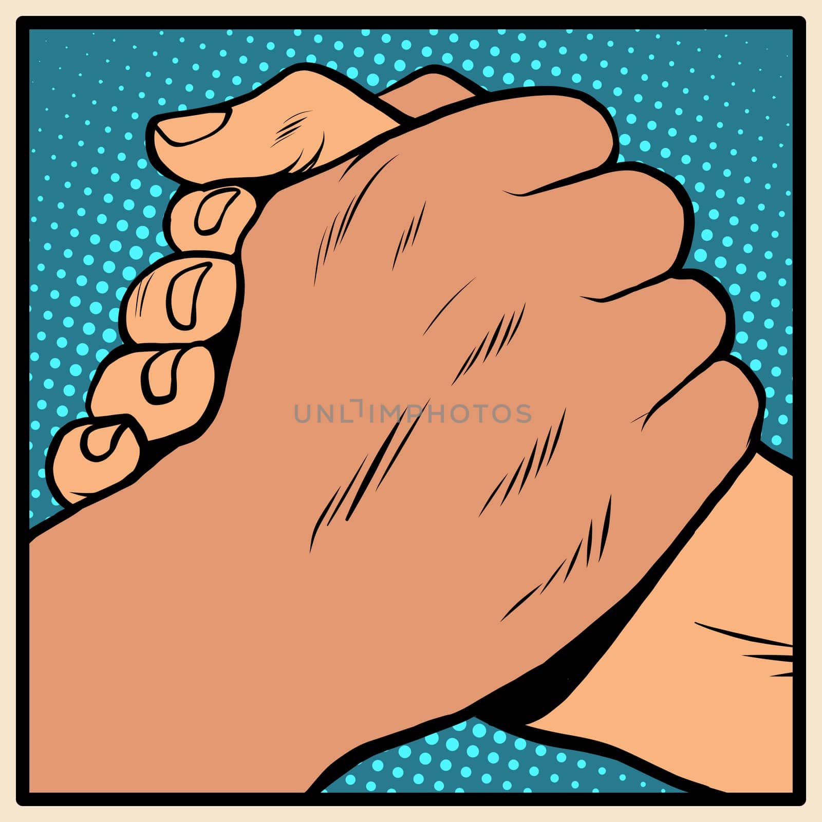White black solidarity handshake stop racism pop art retro style. The policy of tolerance. Friendship between peoples. Day against racial segregation and discrimination
