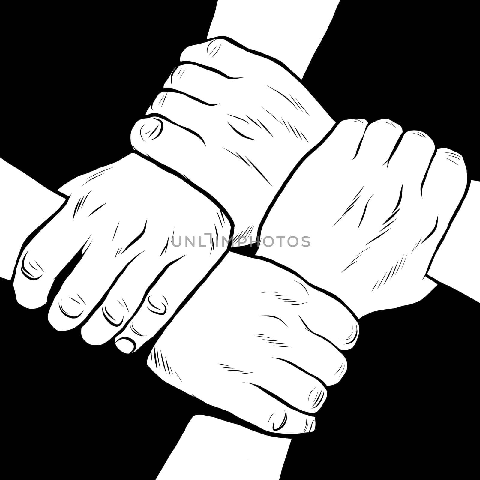 Black and white hands solidarity friendship pop art retro style