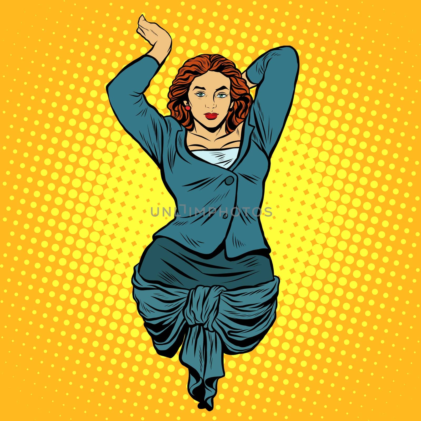 Businesswoman antique Caryatid. Business concept woman bearing business pop art retro style