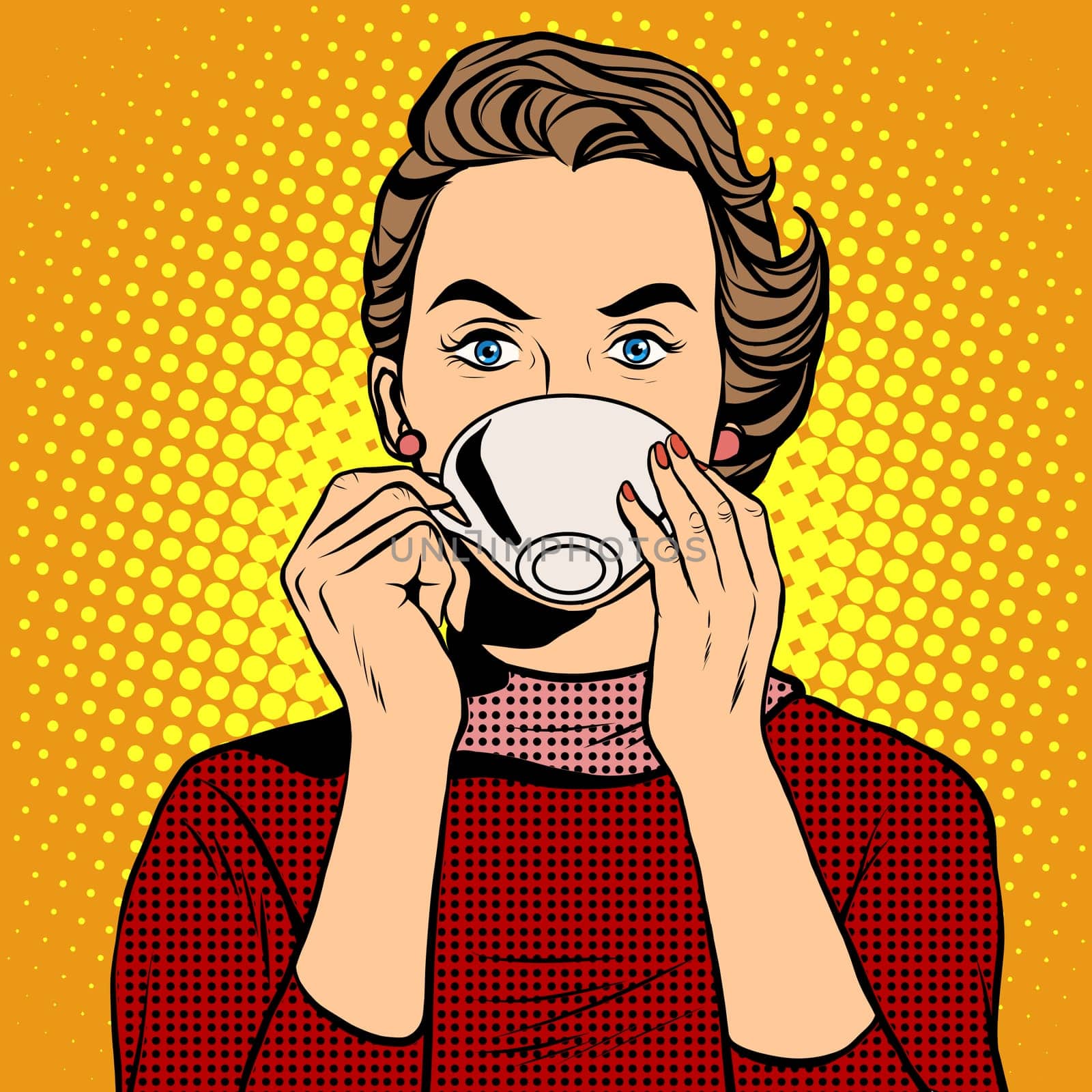 Girl drinking coffee pop art retro style. A hot beverage. Coffee or tea