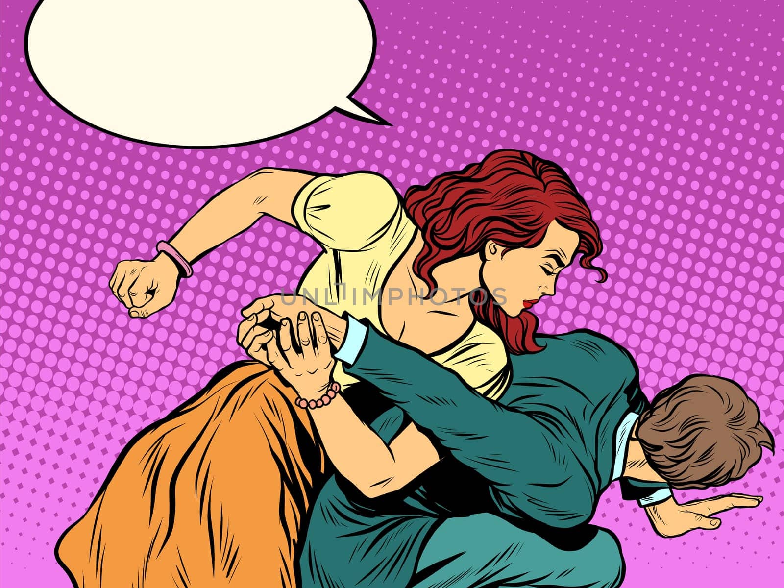 Woman beats man in fight pop art retro style. Woman hits a man. Self defence women. Competition. The war of the sexes