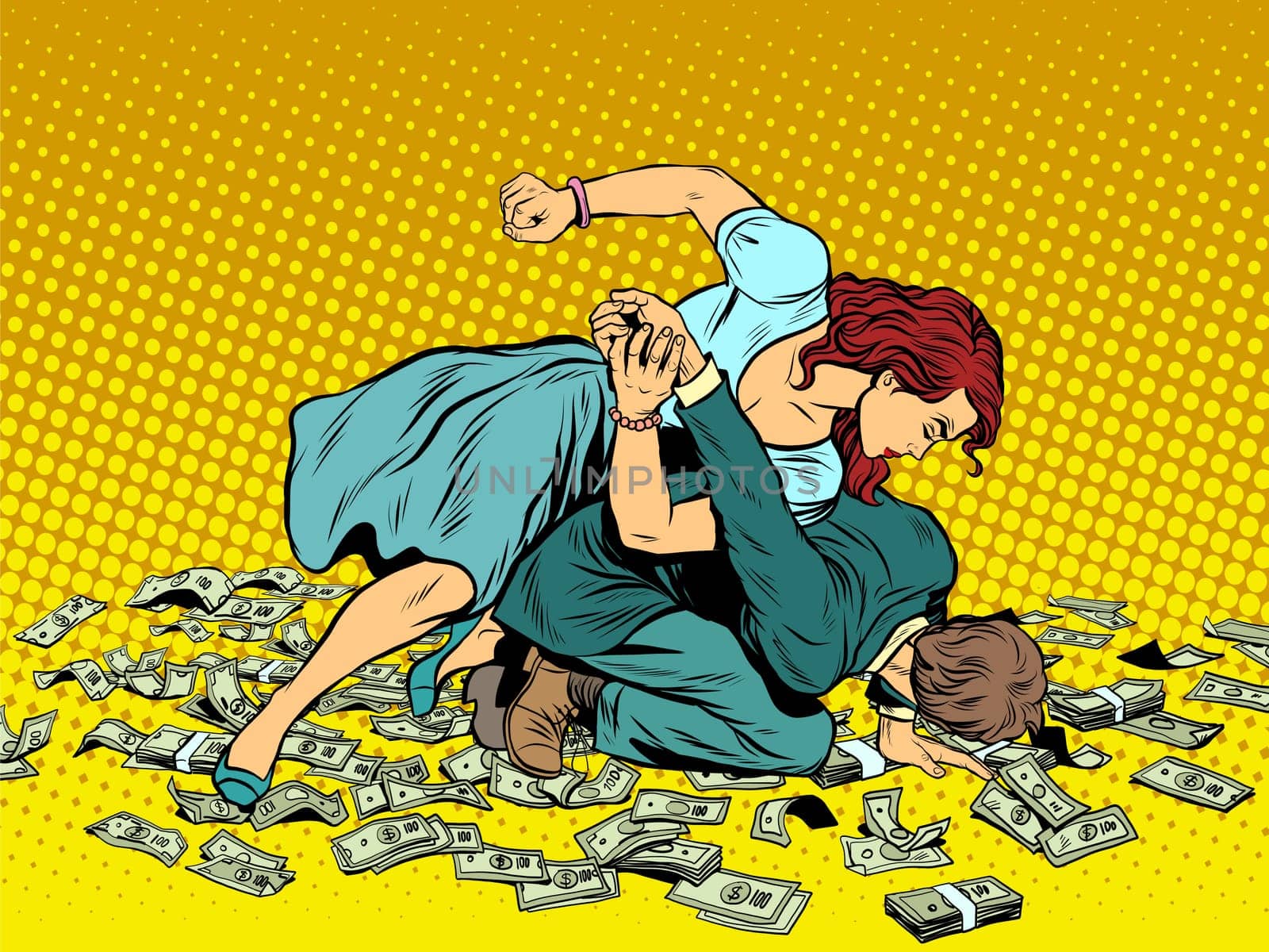 Woman beats man in fight for the money pop art retro style. Woman hits a man. Self defence women. Competition. The war of the sexes