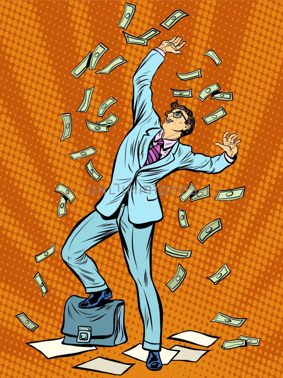 Businessman Finance money fall pop art retro style. Financial success business concept. The wealth and charity